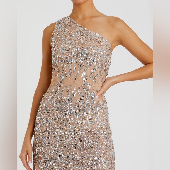 NWT Mac Duggal 10977 ONE SHOULDER SHEER HAND BEADED MINI DRESS Sz 2 Nude Silver - Picture 2 of 6